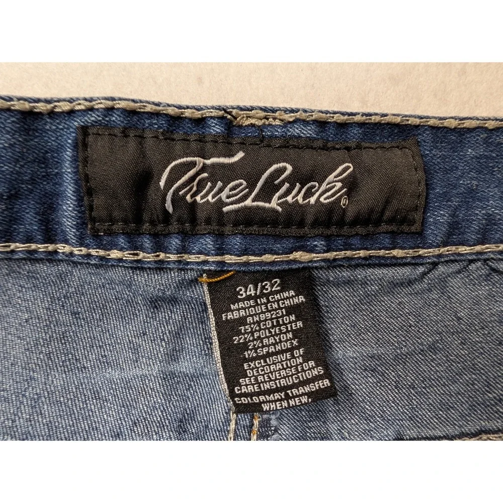 True Luck Mens Straight Leg Jeans 34 / 32 Distressed Embroidered Blue